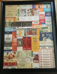 a framed baseball ticket collage on the wall