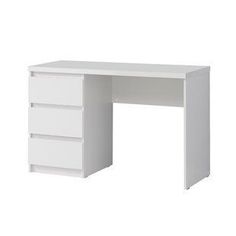 a white desk with three drawers on the bottom and one drawer at the top, in front of a white background