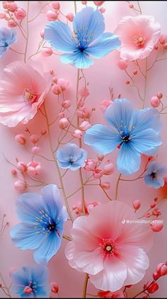 blue and pink flowers on a pink background