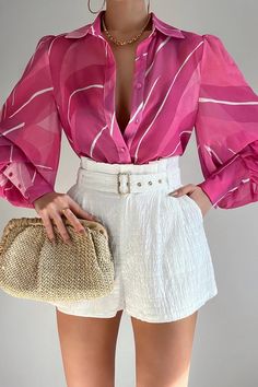 Pink Blouse Outfit, Wonder Woman Outfit, Abstract Shirt, Shirt With Collar, Runaway The Label, Womens Tops Summer, Loose Blouse, Long Puff Sleeves, Pink Blouse