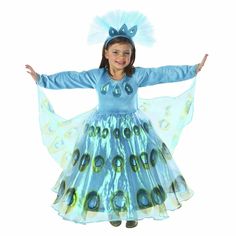 Untitled Document Store   Girl's Peacock Princess Costume Dress Peacocks are beautiful and symbolize luxury and riches! If your little one has a classy way of looking at life, or maybe she just really loves the feathers and colors of Peacocks, then this dress will give her all she needs to be the Peacock Queen! Featuring a beautiful blue dress with multiple Peacock feather designs along the dress! Shoes not included! Sizes Available: XS (4) Product Includes: Blue Dress With Attached Peacock Design Cape Blue Mesh Headband Costume Suggestions: Enchantimals Patter Peacock Peacock Princess Fantasy Forest Goddess Product Details: Size - See Sizes Available Measurements - See Size Chart Color - Blue Material - 100% Polyester Type - Dress Theme - Animals & Insects Size Type - Child Brand New Girls Peacock Costume, Peacock Costume, Mesh Headband, Princess Halloween, Princess Halloween Costume, Dress Cape, Peacock Bird, Theatre Costumes, Princess Costume