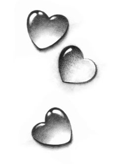 three hearts drawn in black and white ink