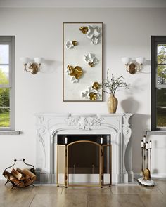 a living room filled with furniture and a fire place in front of a painting on the wall