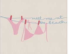 three pink bras hanging on a clothesline with the words meet me at sun beach