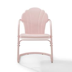 a pink plastic chair with a shell backrest and metal frame, on a white background