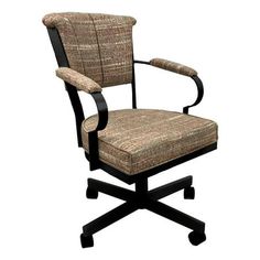 an office chair with armrests and a seat cushion on the back of it