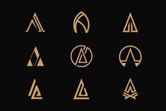 six different types of logos in gold on a black background, each with an individual's initials