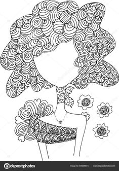 a girl with curly hair and flowers on her head coloring page for adults, children