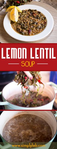 lemon lentil soup in a white bowl on a table with the title overlay