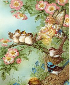 a painting of birds sitting on top of a tree branch next to flowers and butterflies