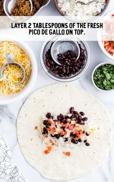 the ingredients for this recipe include black beans, rice and shredded cheese on tortillas