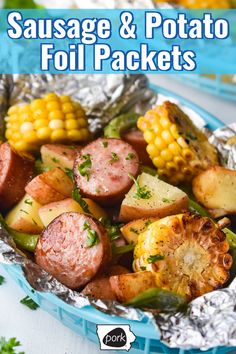 sausage and potato foil packets with text overlay