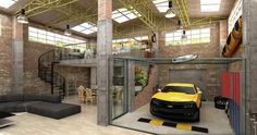 a yellow sports car is parked in the middle of a room with exposed ceilings and large windows