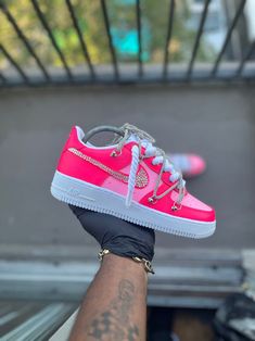 Air Forces Colored, Pink Customized Air Force 1, Pink Lv Air Force 1, Baddie Shoes Sneakers Nike, Pink Rope Laces Af1, Fuschia Sneakers Outfit, Hot Pink Air Force 1, Customize Shoes Ideas, Cute Birthday Shoes