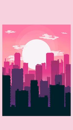 the sun is setting over a cityscape with tall buildings in front of it