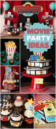 a movie party with cupcakes, cake and decorations