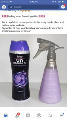 an image of two spray bottles that are on top of each other, one is purple and the other is black