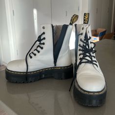 Only Worn 3x, Like New. Labeled Us L Size 7, But Fit Like A Us Women’s Size 8-8.5. Originally $210, Real Leather. Dr Martens White, Boots Fit, Moto Boots, Platform Boots, Real Leather, Like New, Size 7, Womens Sizes, Women Shoes