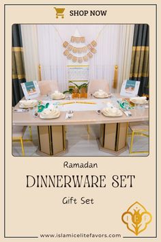 a dinner table set up with place settings