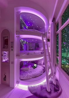 a bedroom with bunk beds and purple lighting in the ceiling is lit up at night