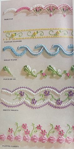 an open book with different types of beaded trimmings on the pages, including flowers and leaves