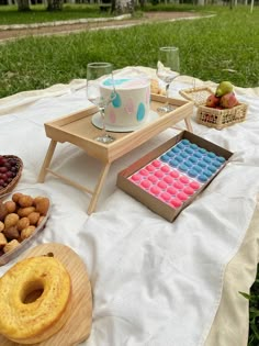 an outdoor picnic with cake, donuts and fruit