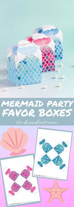 the mermaid party favors box is shown with different designs and colors, including pink, blue,