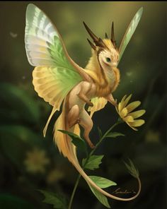 a painting of a yellow and green fairy with wings on it's back, holding onto a flower