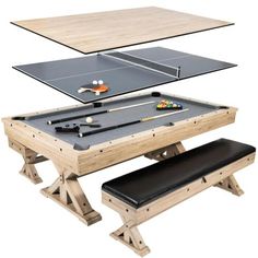 a table with two ping pong tables on it and a bench underneath the table