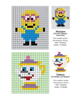 the cross stitch pattern is designed to look like cartoon characters, with different colors and sizes