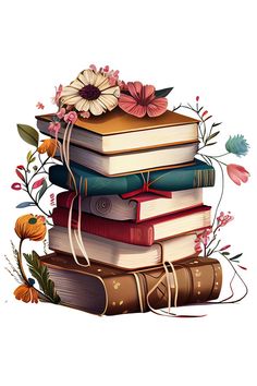 a stack of books sitting on top of each other in front of flowers and leaves