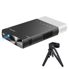 an image of a projector with a tripod next to it on a white background