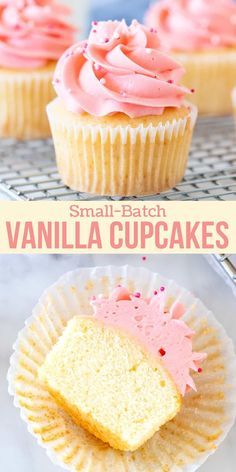 small batch vanilla cupcakes with pink frosting and sprinkles on top