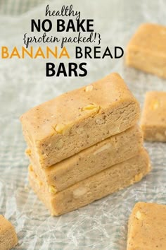 no bake peanut butter banana bread bars stacked on top of each other with text overlay