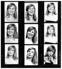 black and white photograph of nine women with different hair styles, from the 1950's to 1970's