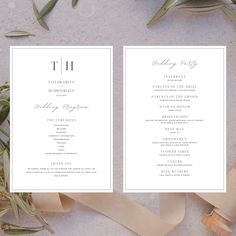 the wedding program is laid out on top of some flowers and ribbon, with greenery around it