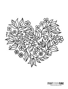 a heart shaped flower arrangement with leaves and berries in black ink on a white background