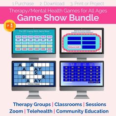 the therapy mental health games for all ages game show bundle is shown on three computer screens