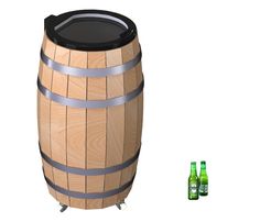 a wooden barrel sitting next to two green beer bottles