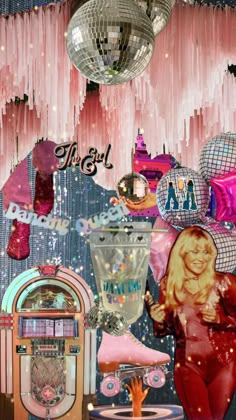 a collage of pink and blue disco balls, chandeliers, an old fashioned jukebox