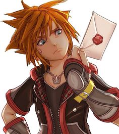 an anime character is holding a letter and looking at the camera while standing in front of him