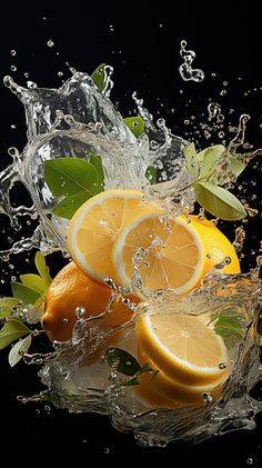 some oranges and lemons are splashing into water with leaves on the side