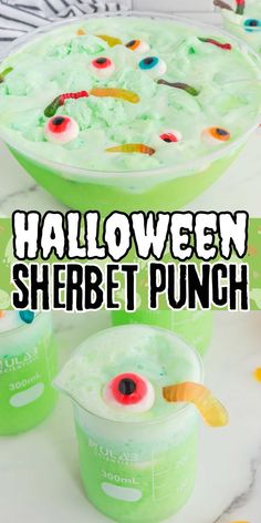 halloween sherbet punch recipe with sprinkles and candy eyes in a green bowl