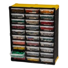 a black and yellow storage cabinet filled with lots of plastic containers on top of each other