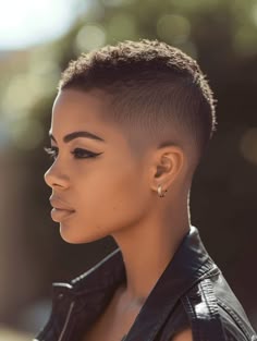 Super Short Pixie Haircut, Curly Fade Black Woman, Woman Fade Haircut, Short Hairstyle Women Tomboy, Brush Cut For Ladies, Short Back And Sides Women, Short Fade Haircut For Women, Pixie Fade Haircut Black Women, Pixie Black Hairstyles
