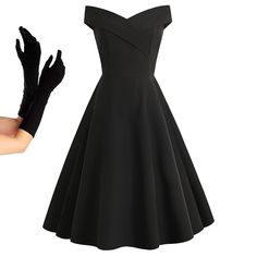 Silhouette:A-Line; Hemline / Train:Knee Length; Season:Spring  Summer; Look After Me:Washable; Gender:Women's; What's in the box:Dress,Gloves; Types:Cocktail Dress,A-Line Dress,Swing Dress; Holiday:Valentine's Day,Masquerade; Style:A-line,1950s,Retro Vintage; Elasticity:Micro-elastic; Occasion:Homecoming,Birthday Party,Wedding; Material:Spandex,Polyester; Age Group:Adults'; Pattern:Plain,Vintage; Design:Off Shoulder; Listing Date:02/28/2023; Clothing Length:; Bust:; Waist: Black Audrey Hepburn Dress, 1950s Vintage Dress, Formal Old Money Dresses, 1950s Evening Dress, Vintage Dresses 50s 1950s Fashion Classy, 60’s Dress, Business Professional Dresses For Women, Punk Formal Outfit, 1960s Dresses Formal