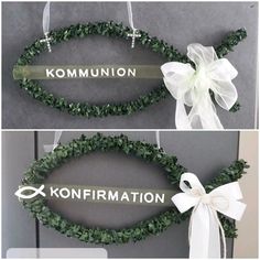 two wreaths with ribbons hanging from them and the words konfirmation written on them