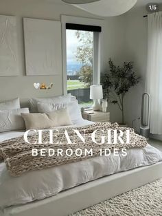 a clean white bedroom with the words clean girl bedrommies on it's side