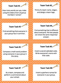 an orange and white polka doted background with words that say team task 1, team 2