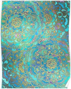 an ornate blue and gold background with lots of different colored designs on it's surface